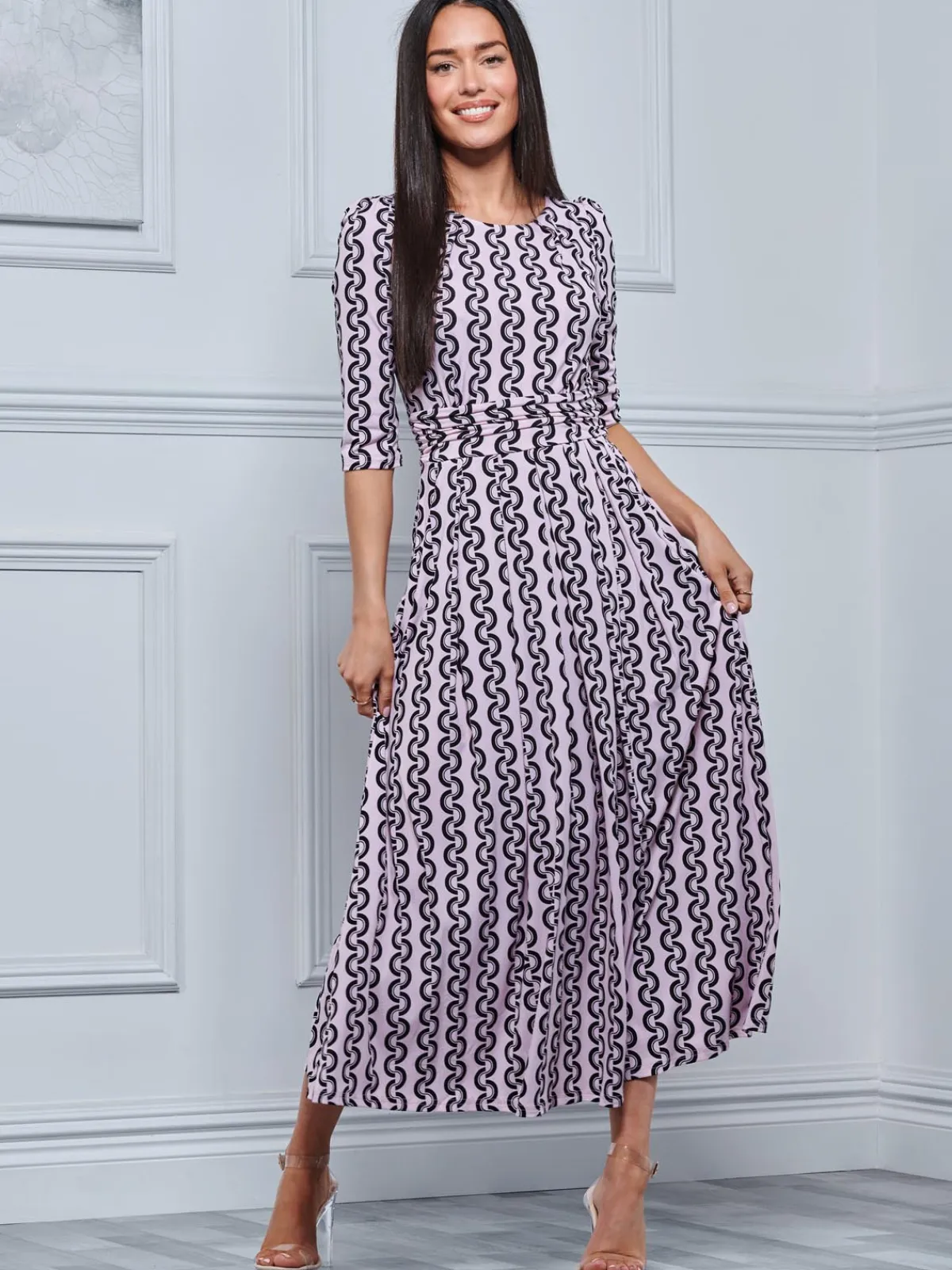 Jolie Moi Occasion Dresses|Jersey Dresses-Pauline Sleeved Maxi Dress, Pink Pattern