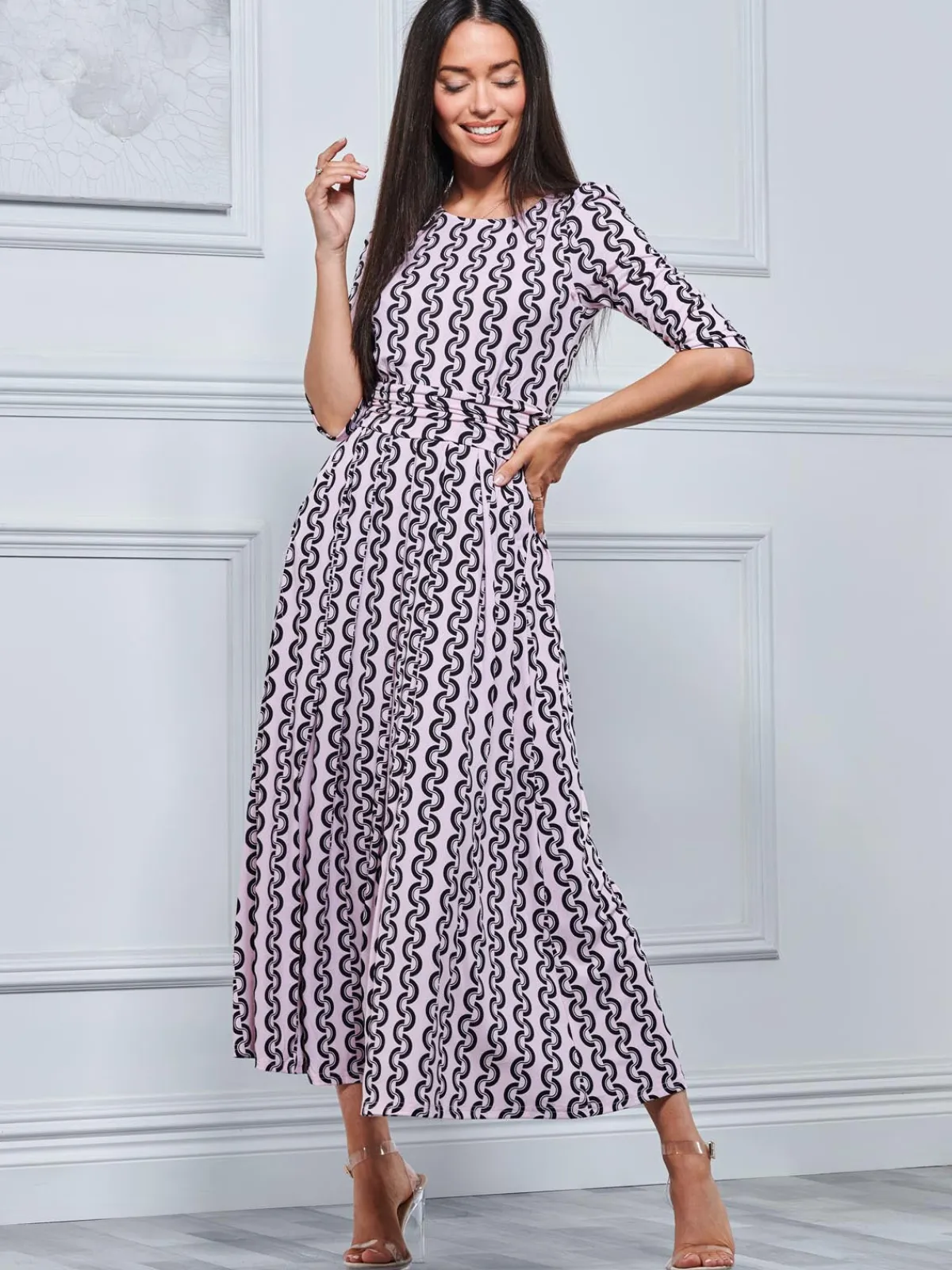Jolie Moi Occasion Dresses|Jersey Dresses-Pauline Sleeved Maxi Dress, Pink Pattern