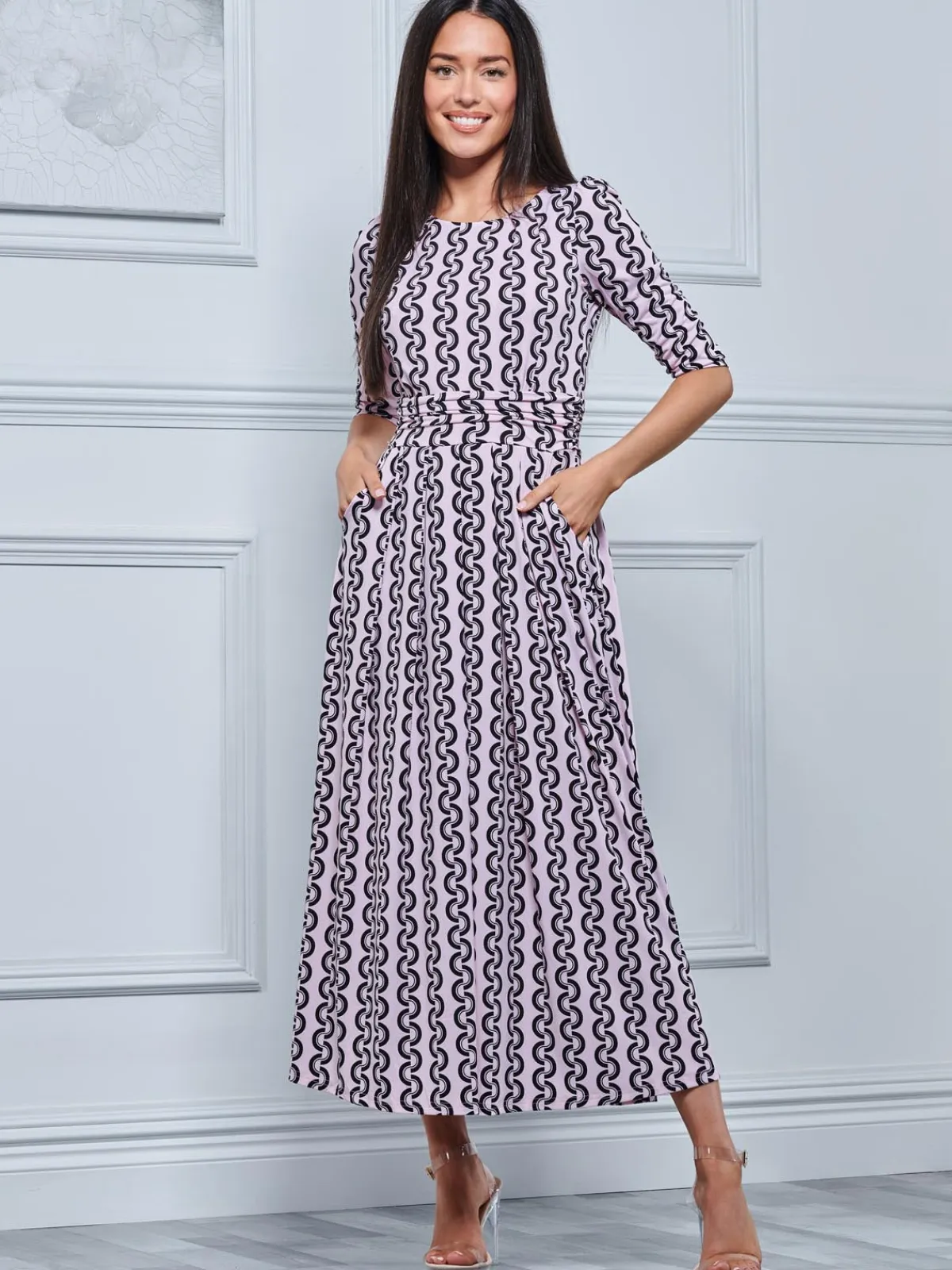 Jolie Moi Occasion Dresses|Jersey Dresses-Pauline Sleeved Maxi Dress, Pink Pattern