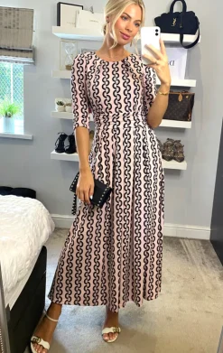 Jolie Moi Occasion Dresses|Jersey Dresses-Pauline Sleeved Maxi Dress, Pink Pattern