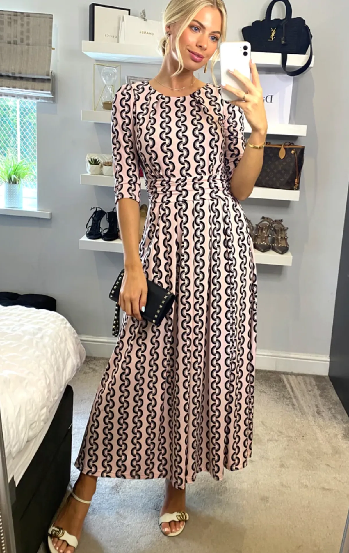 Jolie Moi Occasion Dresses|Jersey Dresses-Pauline Sleeved Maxi Dress, Pink Pattern