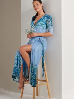 Jolie Moi Occasion Dresses|Floral Dresses-Peggy Ruched Sleeve Wrap Mesh Maxi Dress, Blue Multi