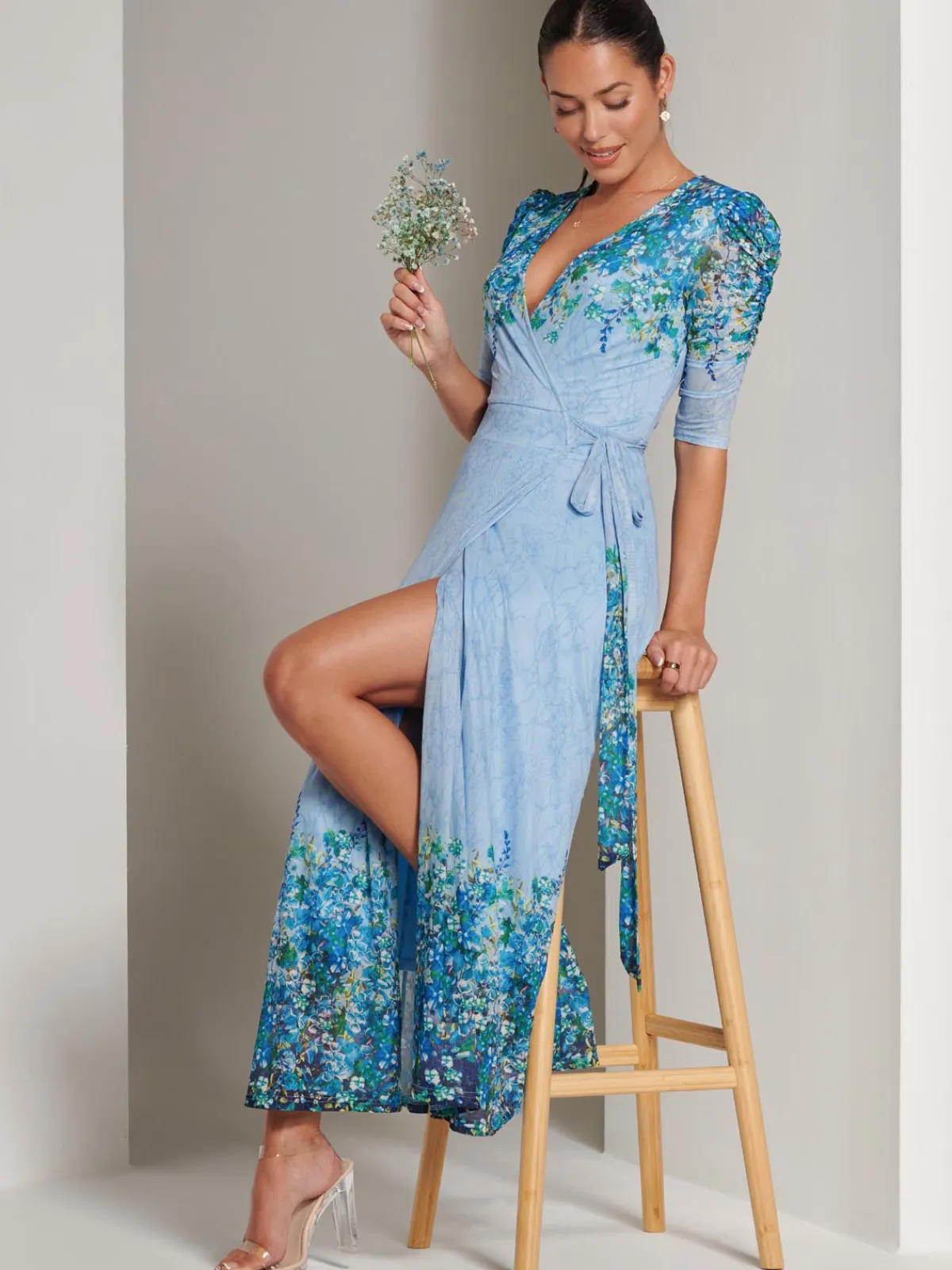 Jolie Moi Occasion Dresses|Floral Dresses-Peggy Ruched Sleeve Wrap Mesh Maxi Dress, Blue Multi