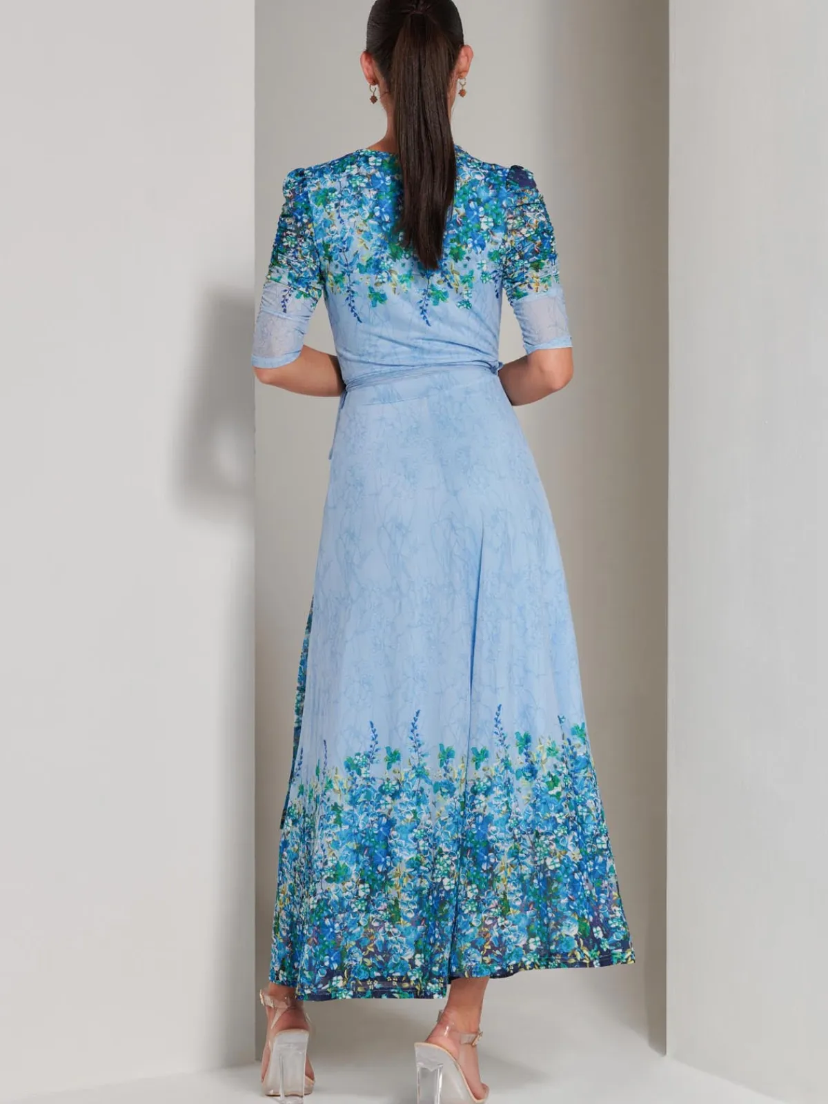 Jolie Moi Occasion Dresses|Floral Dresses-Peggy Ruched Sleeve Wrap Mesh Maxi Dress, Blue Multi