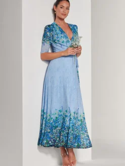 Jolie Moi Occasion Dresses|Floral Dresses-Peggy Ruched Sleeve Wrap Mesh Maxi Dress, Blue Multi