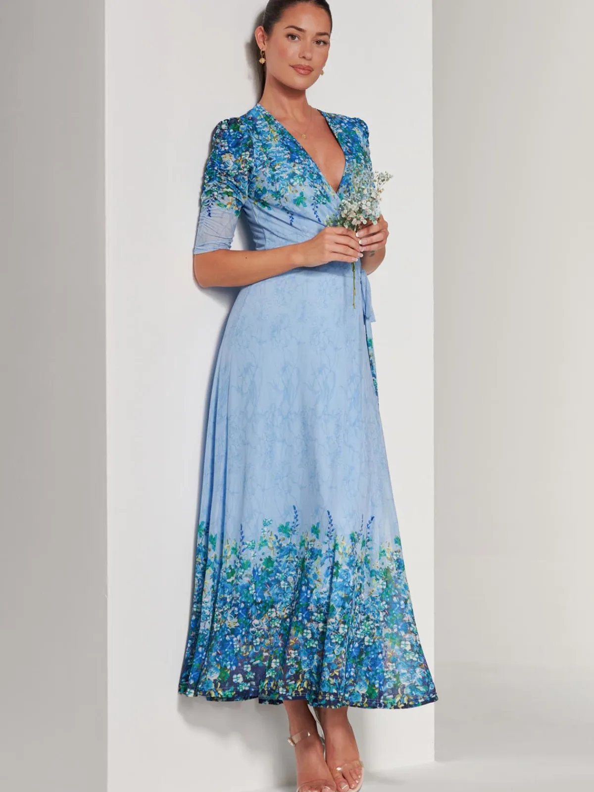 Jolie Moi Occasion Dresses|Floral Dresses-Peggy Ruched Sleeve Wrap Mesh Maxi Dress, Blue Multi