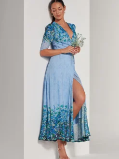 Jolie Moi Occasion Dresses|Floral Dresses-Peggy Ruched Sleeve Wrap Mesh Maxi Dress, Blue Multi