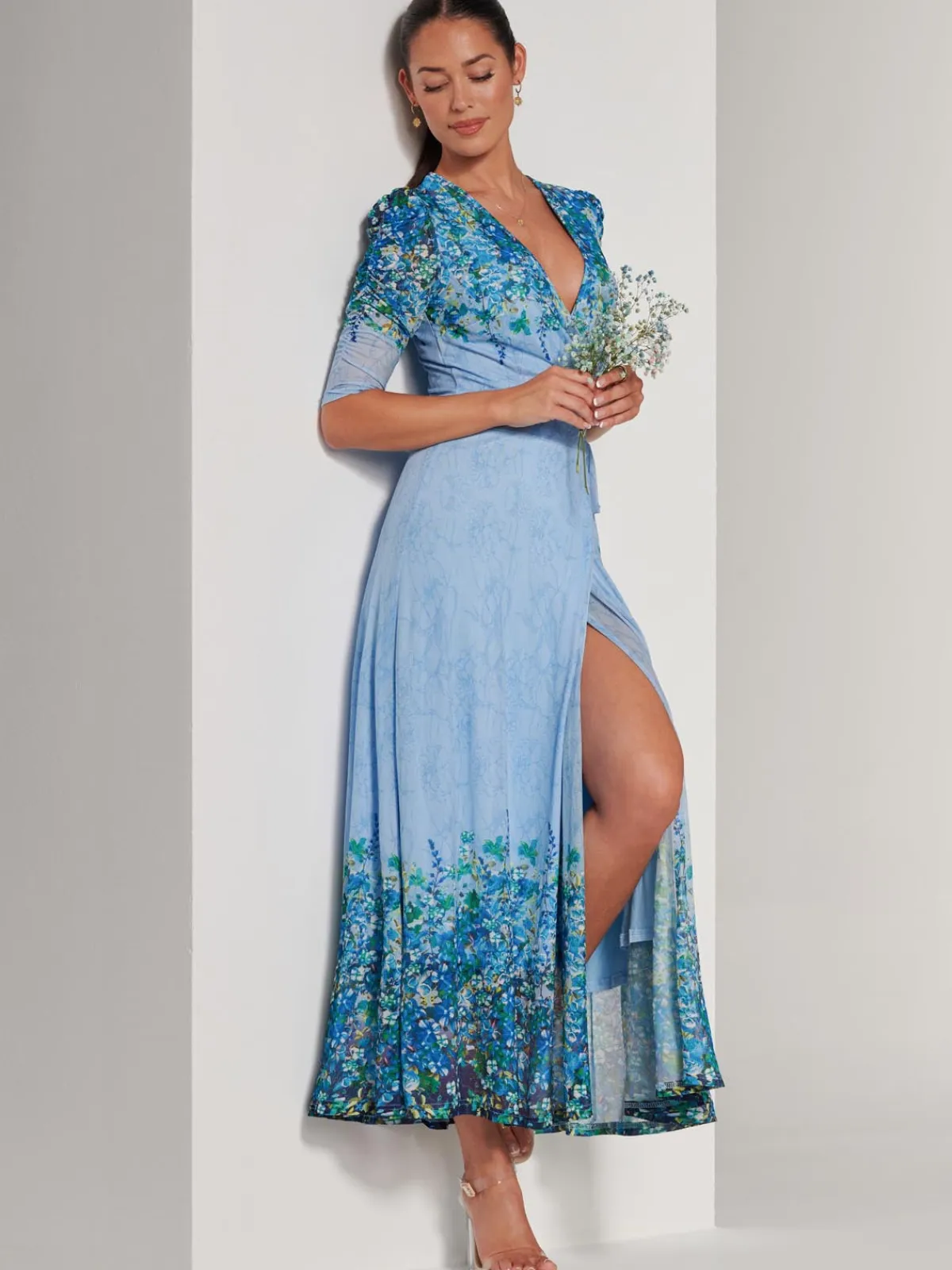 Jolie Moi Occasion Dresses|Floral Dresses-Peggy Ruched Sleeve Wrap Mesh Maxi Dress, Blue Multi