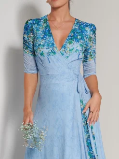Jolie Moi Occasion Dresses|Floral Dresses-Peggy Ruched Sleeve Wrap Mesh Maxi Dress, Blue Multi