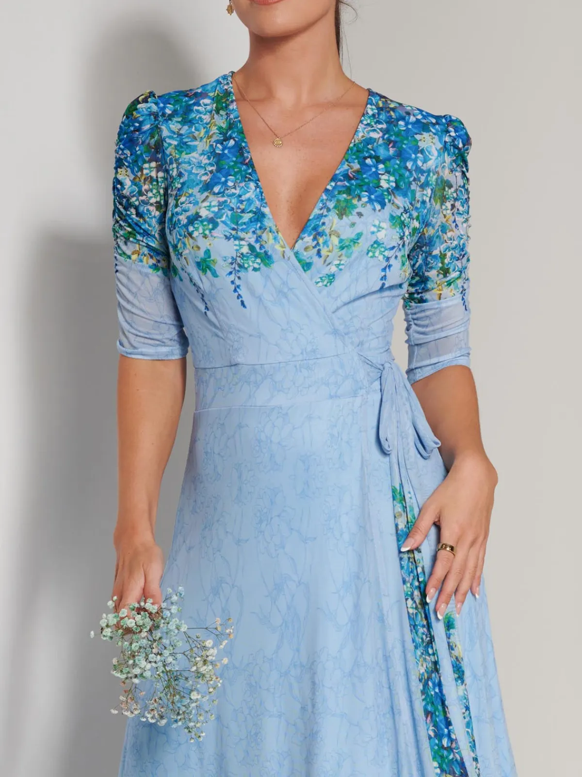 Jolie Moi Occasion Dresses|Floral Dresses-Peggy Ruched Sleeve Wrap Mesh Maxi Dress, Blue Multi