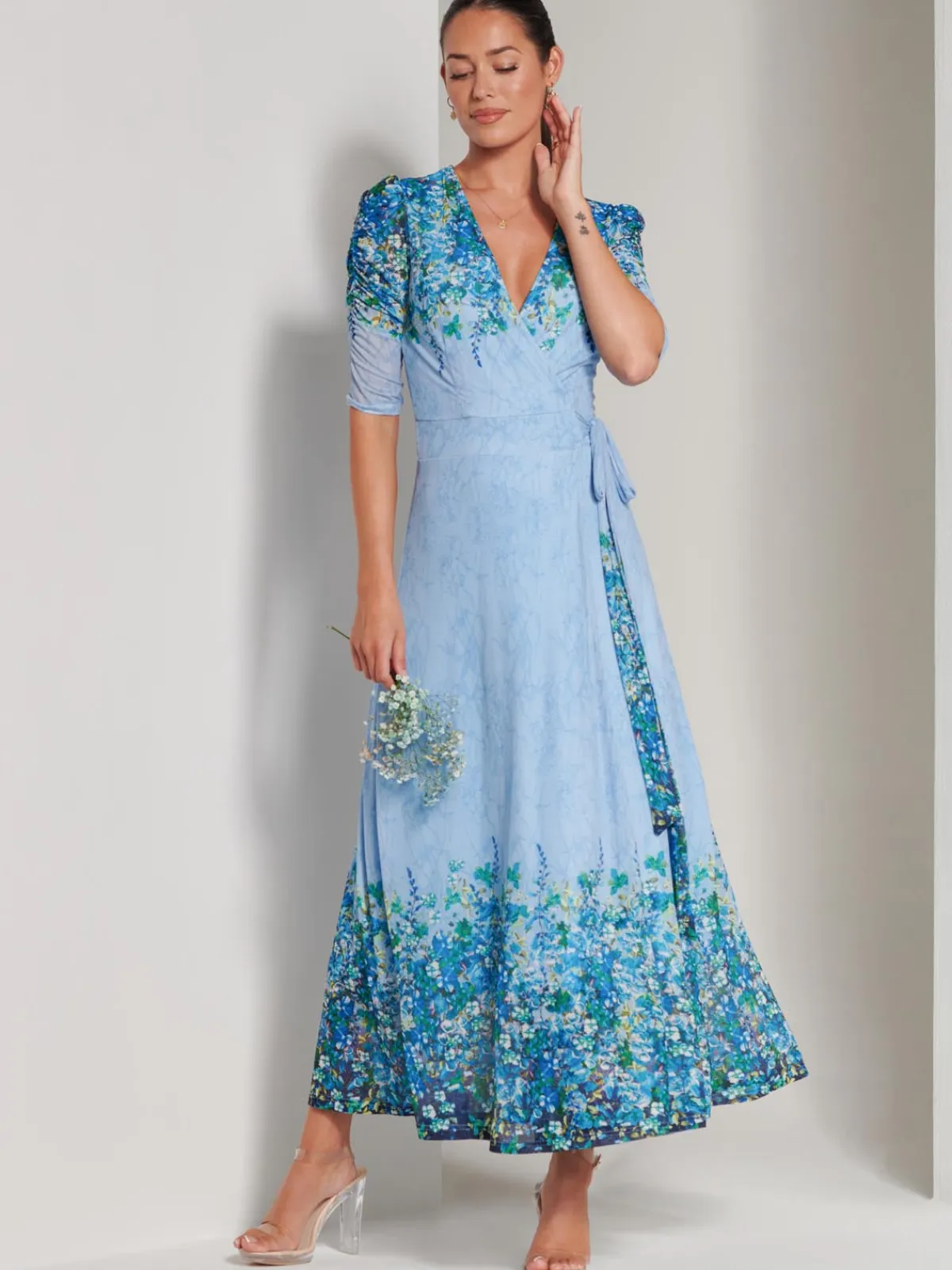 Jolie Moi Occasion Dresses|Floral Dresses-Peggy Ruched Sleeve Wrap Mesh Maxi Dress, Blue Multi