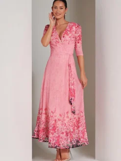 Jolie Moi Occasion Dresses|Floral Dresses-Peggy Ruched Sleeve Wrap Mesh Maxi Dress, Pink Multi