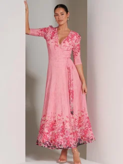Jolie Moi Occasion Dresses|Floral Dresses-Peggy Ruched Sleeve Wrap Mesh Maxi Dress, Pink Multi