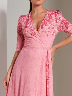 Jolie Moi Occasion Dresses|Floral Dresses-Peggy Ruched Sleeve Wrap Mesh Maxi Dress, Pink Multi