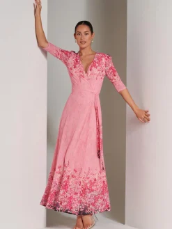 Jolie Moi Occasion Dresses|Floral Dresses-Peggy Ruched Sleeve Wrap Mesh Maxi Dress, Pink Multi