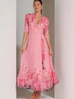 Jolie Moi Occasion Dresses|Floral Dresses-Peggy Ruched Sleeve Wrap Mesh Maxi Dress, Pink Multi
