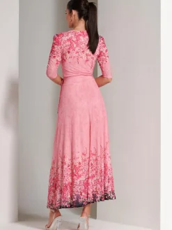 Jolie Moi Occasion Dresses|Floral Dresses-Peggy Ruched Sleeve Wrap Mesh Maxi Dress, Pink Multi