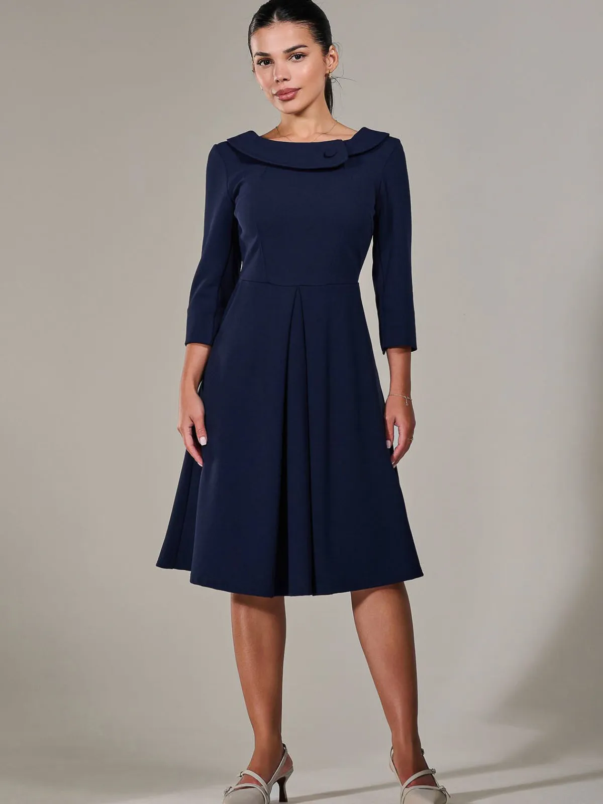 Jolie Moi Office Wear|Office Dresses-Petite Button Collar Dress, Navy