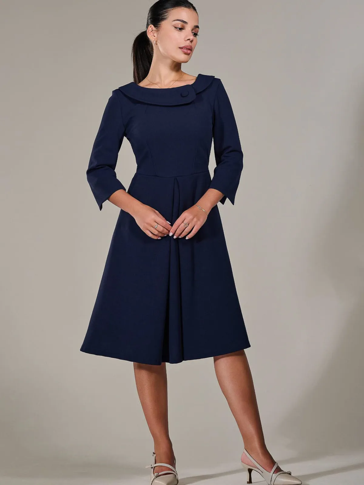 Jolie Moi Office Wear|Office Dresses-Petite Button Collar Dress, Navy