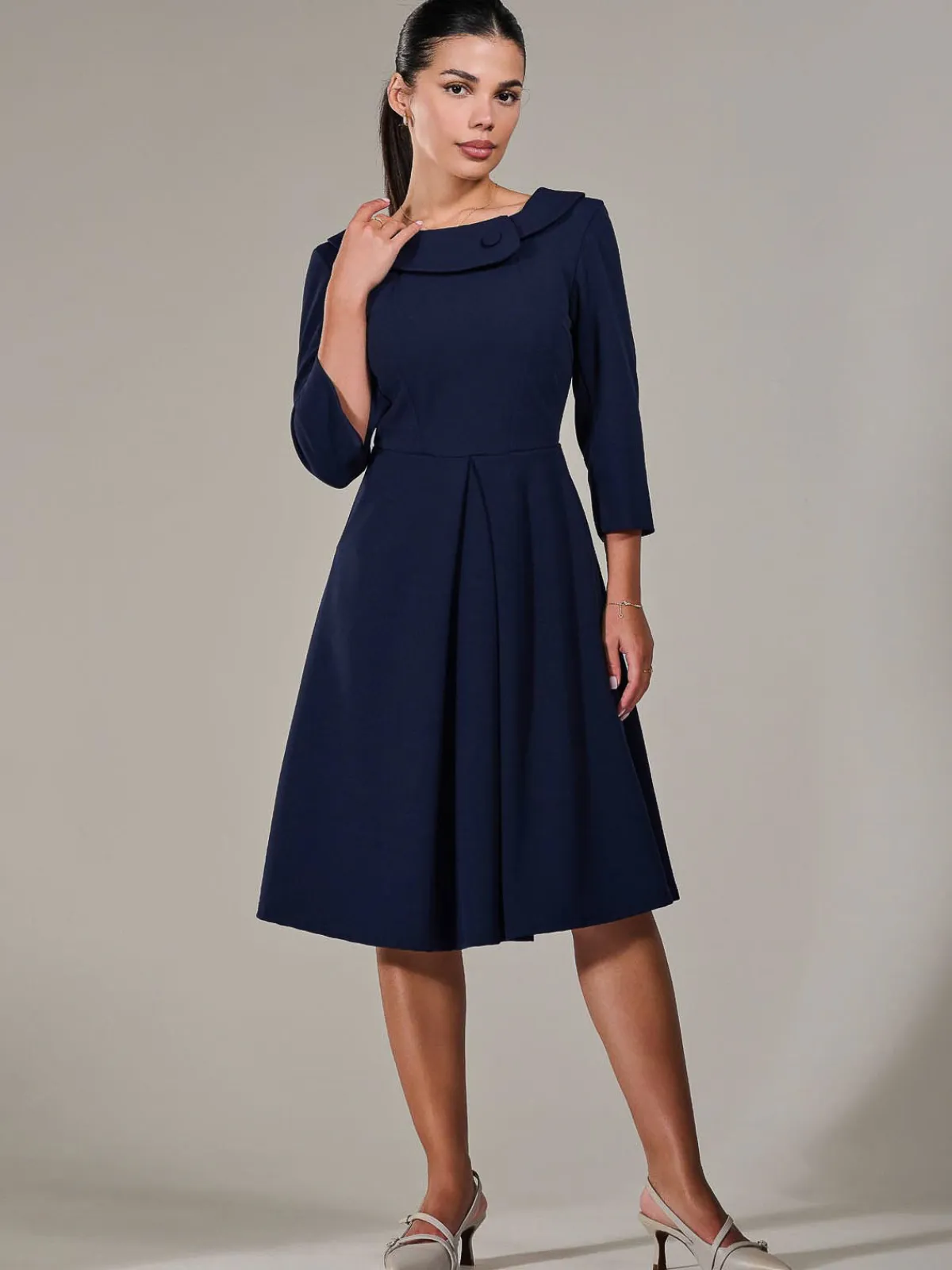 Jolie Moi Office Wear|Office Dresses-Petite Button Collar Dress, Navy