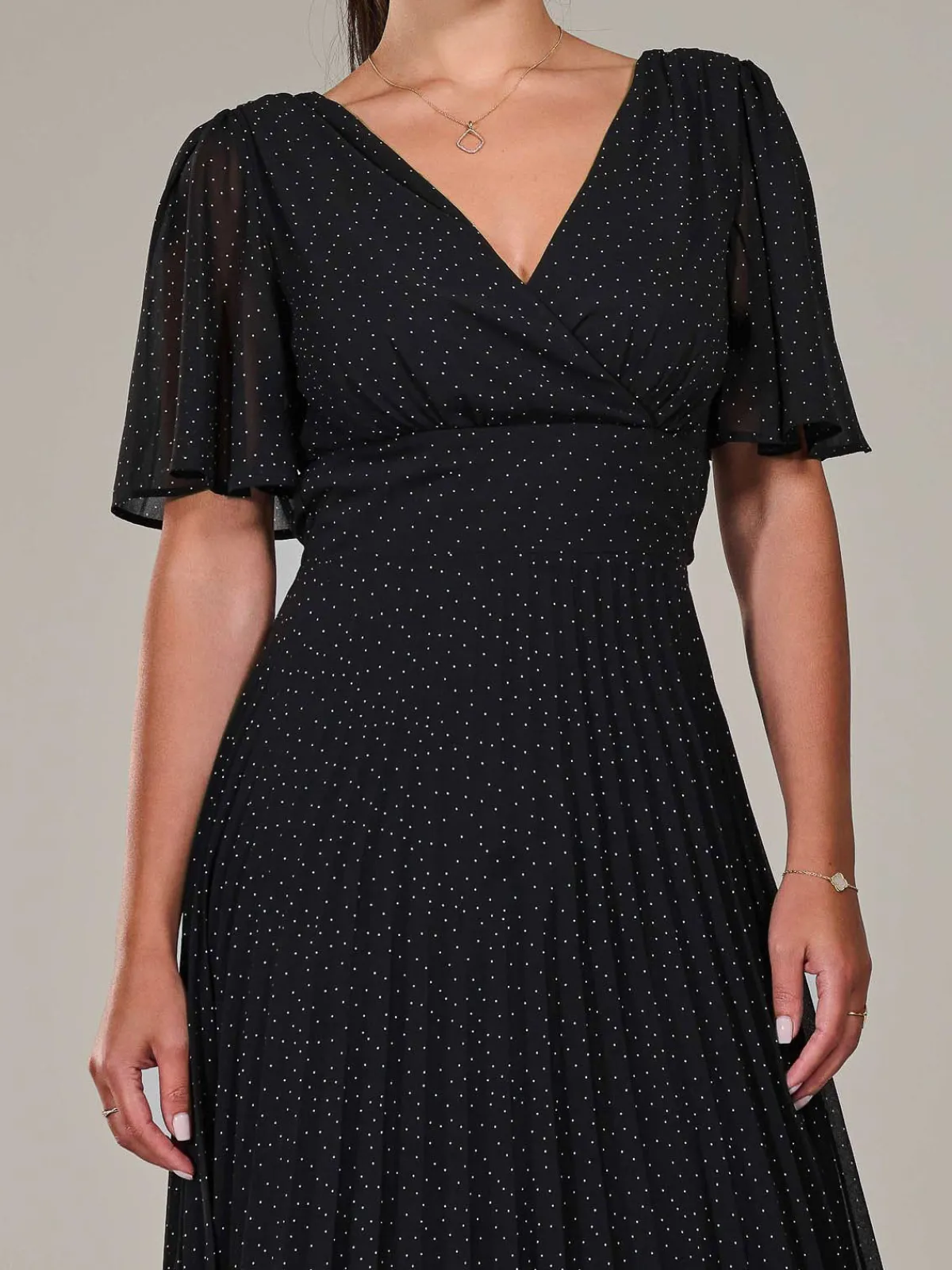 Jolie Moi Office Wear|Little Black Dresses-Petite Chiffon Pleated Midaxi Dress, Black Polka Dots