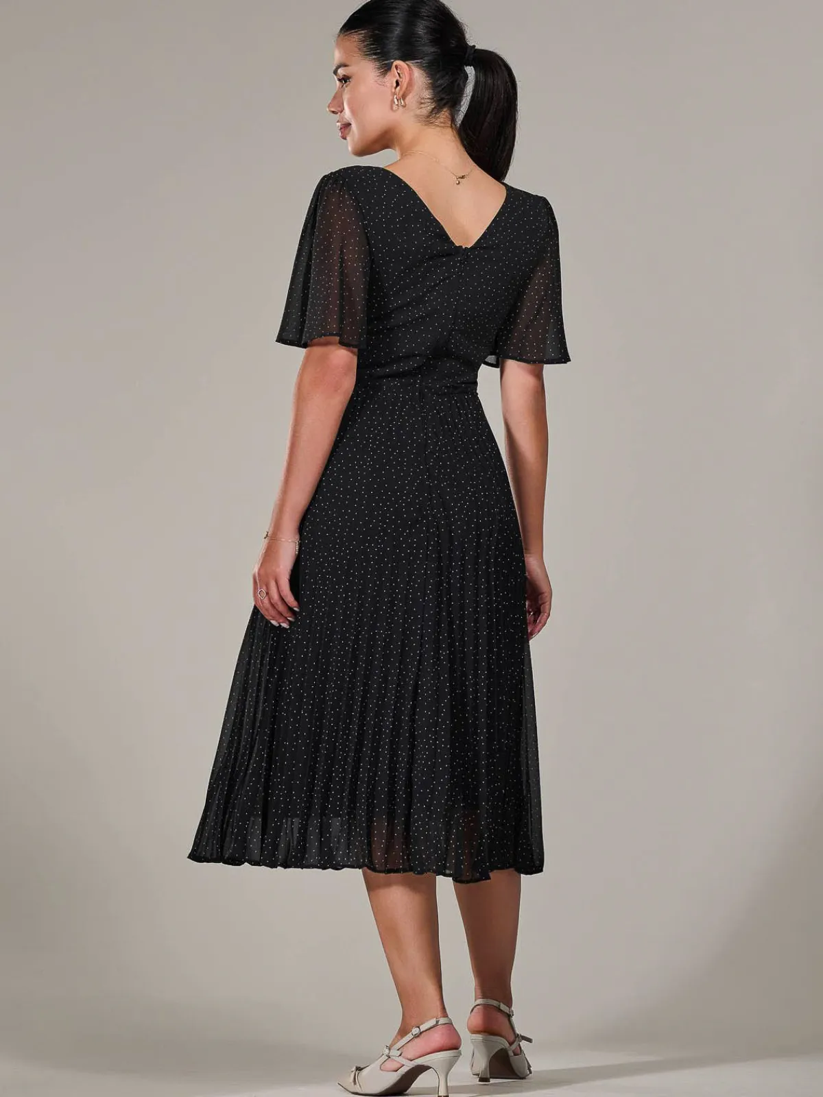 Jolie Moi Office Wear|Little Black Dresses-Petite Chiffon Pleated Midaxi Dress, Black Polka Dots