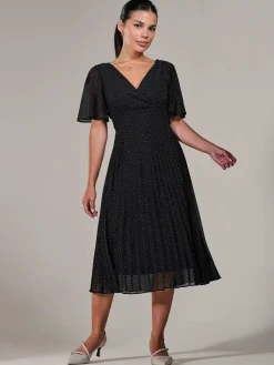 Jolie Moi Office Wear|Little Black Dresses-Petite Chiffon Pleated Midaxi Dress, Black Polka Dots