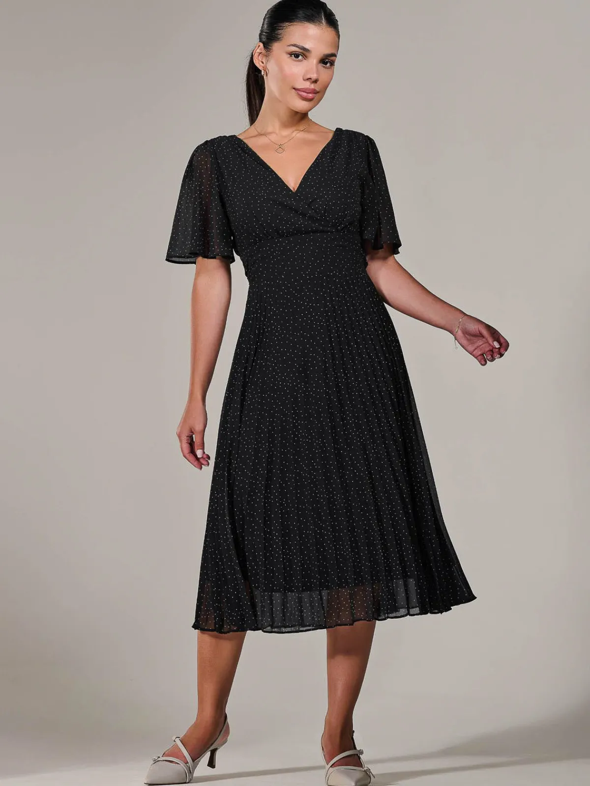 Jolie Moi Office Wear|Little Black Dresses-Petite Chiffon Pleated Midaxi Dress, Black Polka Dots