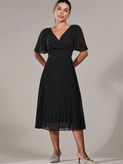 Jolie Moi Office Wear|Little Black Dresses-Petite Chiffon Pleated Midaxi Dress, Black Polka Dots