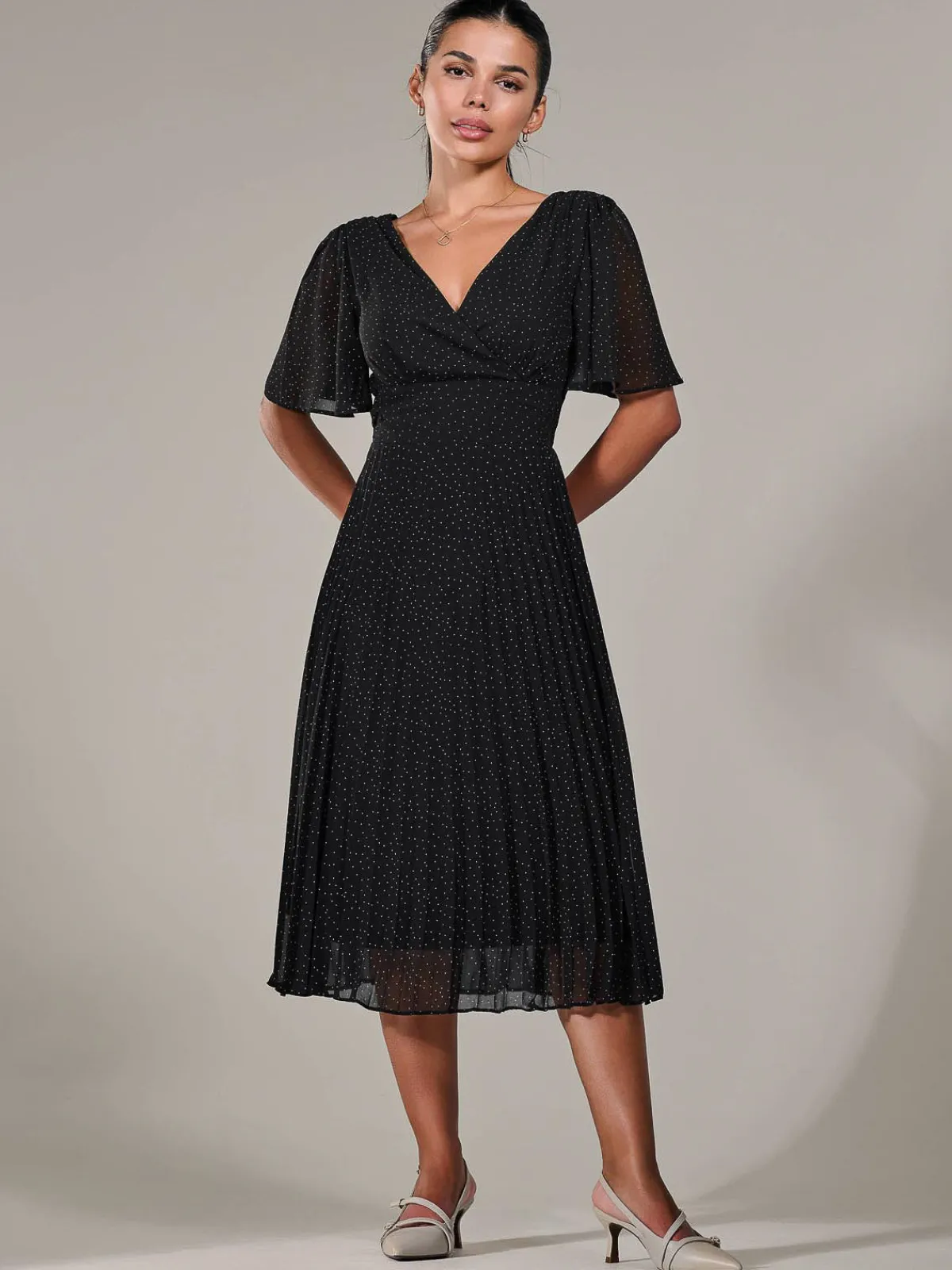 Jolie Moi Office Wear|Little Black Dresses-Petite Chiffon Pleated Midaxi Dress, Black Polka Dots