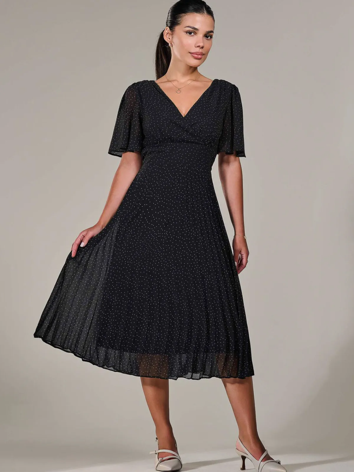 Jolie Moi Office Wear|Little Black Dresses-Petite Chiffon Pleated Midaxi Dress, Black Polka Dots