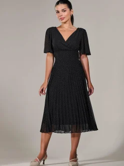 Jolie Moi Office Wear|Little Black Dresses-Petite Chiffon Pleated Midaxi Dress, Black Polka Dots