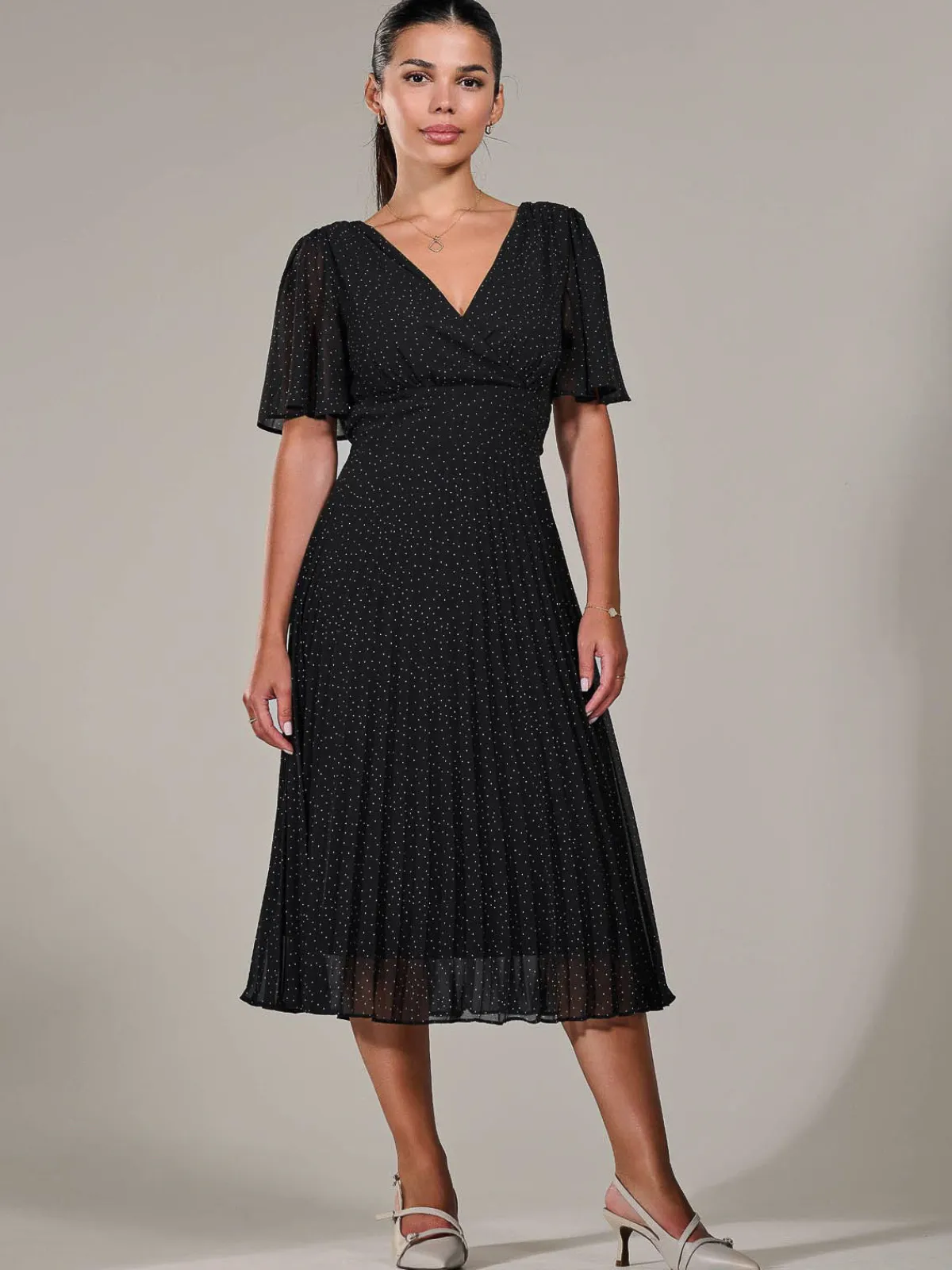 Jolie Moi Office Wear|Little Black Dresses-Petite Chiffon Pleated Midaxi Dress, Black Polka Dots