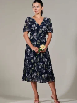 Jolie Moi Occasion Dresses|Floral Dresses-Petite Chiffon Pleated Midaxi Dress, Navy Floral