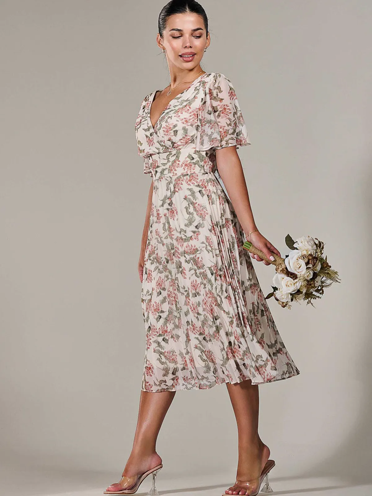 Jolie Moi Occasion Dresses|Floral Dresses-Petite Chiffon Pleated Midaxi Dress, Orange Floral