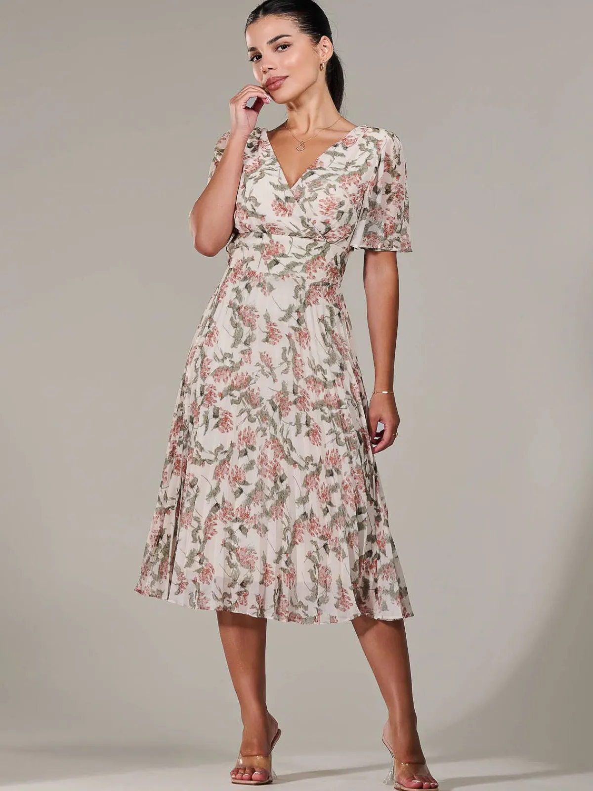 Jolie Moi Occasion Dresses|Floral Dresses-Petite Chiffon Pleated Midaxi Dress, Orange Floral