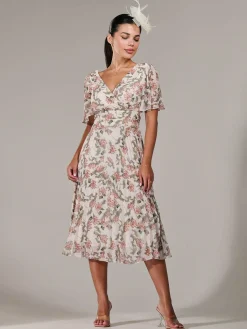 Jolie Moi Occasion Dresses|Floral Dresses-Petite Chiffon Pleated Midaxi Dress, Orange Floral