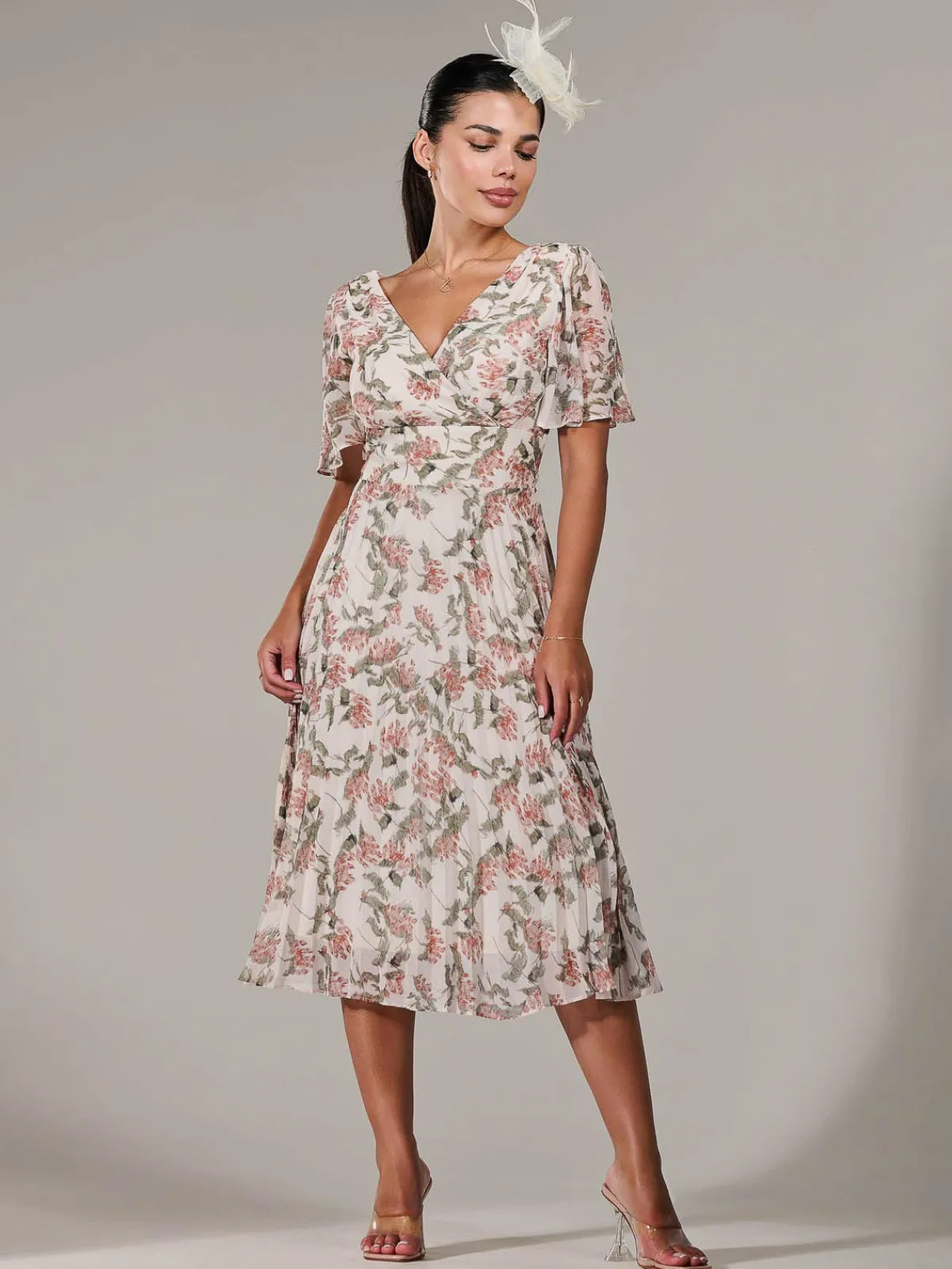 Jolie Moi Occasion Dresses|Floral Dresses-Petite Chiffon Pleated Midaxi Dress, Orange Floral