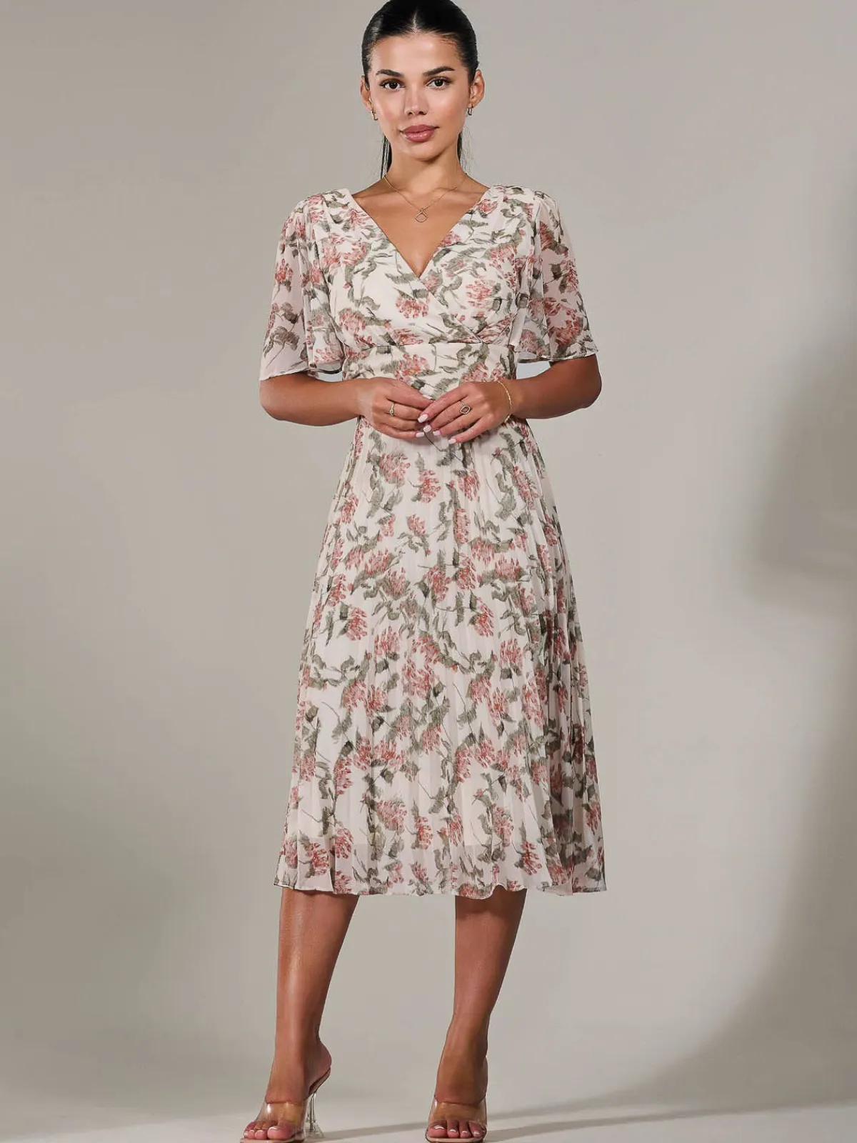Jolie Moi Occasion Dresses|Floral Dresses-Petite Chiffon Pleated Midaxi Dress, Orange Floral