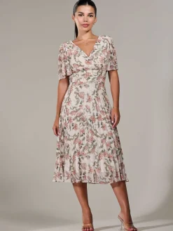 Jolie Moi Occasion Dresses|Floral Dresses-Petite Chiffon Pleated Midaxi Dress, Orange Floral