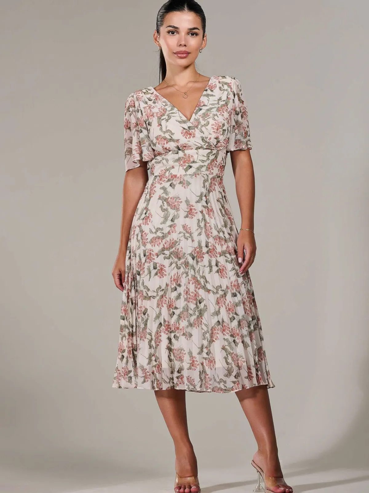 Jolie Moi Occasion Dresses|Floral Dresses-Petite Chiffon Pleated Midaxi Dress, Orange Floral