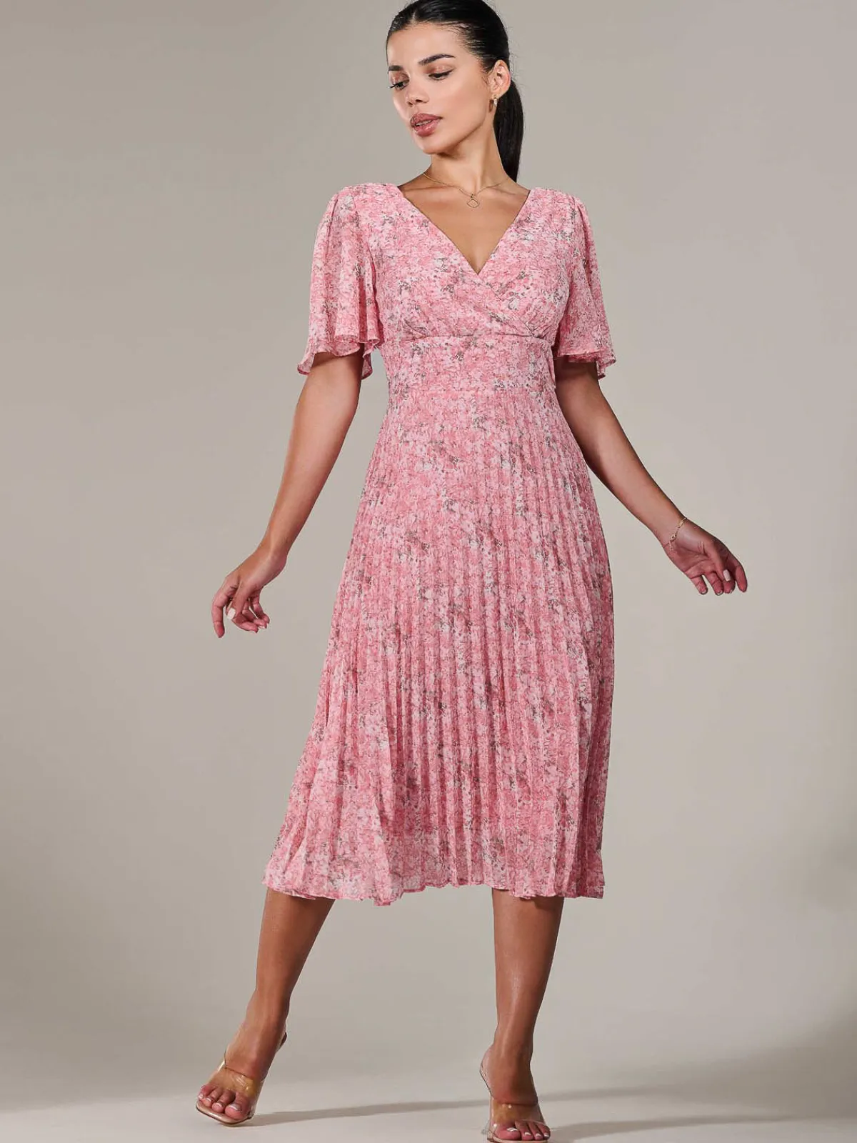 Jolie Moi Occasion Dresses|Summer Dresses-Petite Chiffon Pleated Midaxi Dress, Pink Floral