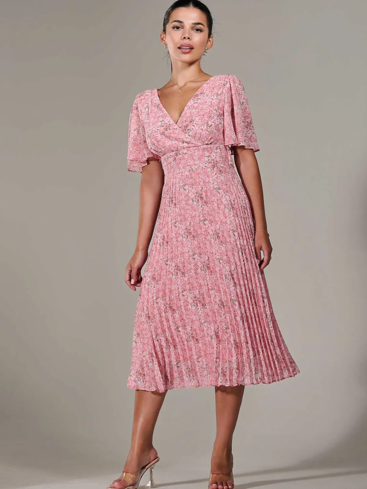 Jolie Moi Occasion Dresses|Summer Dresses-Petite Chiffon Pleated Midaxi Dress, Pink Floral
