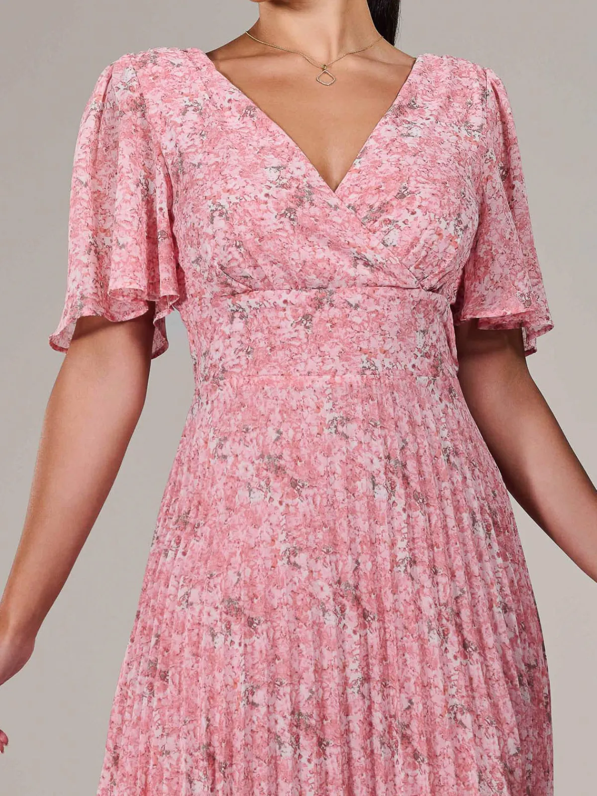 Jolie Moi Occasion Dresses|Summer Dresses-Petite Chiffon Pleated Midaxi Dress, Pink Floral