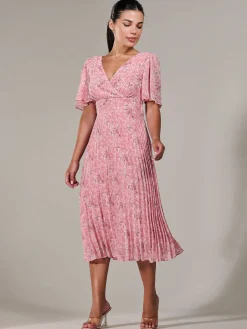 Jolie Moi Occasion Dresses|Summer Dresses-Petite Chiffon Pleated Midaxi Dress, Pink Floral