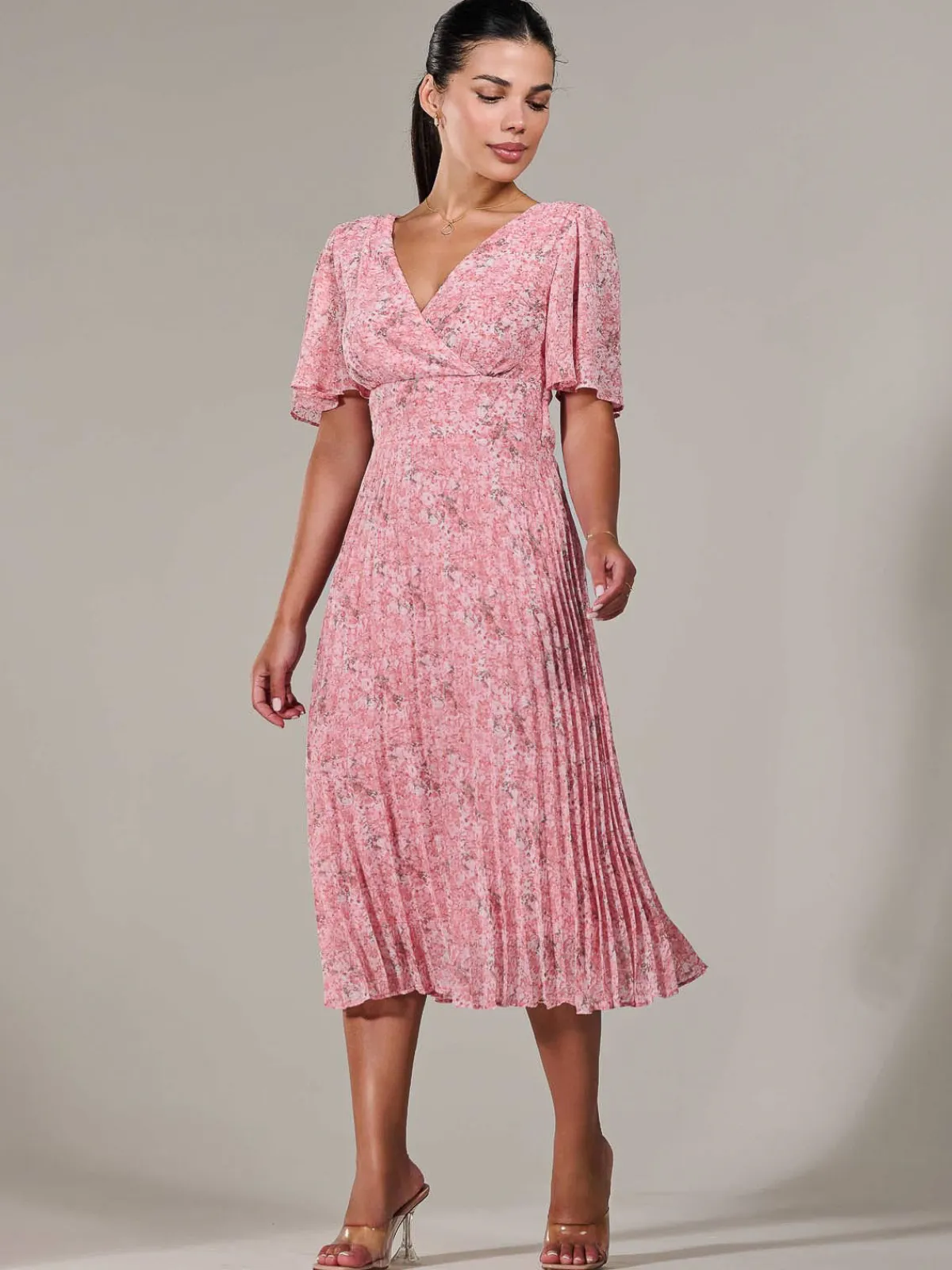 Jolie Moi Occasion Dresses|Summer Dresses-Petite Chiffon Pleated Midaxi Dress, Pink Floral