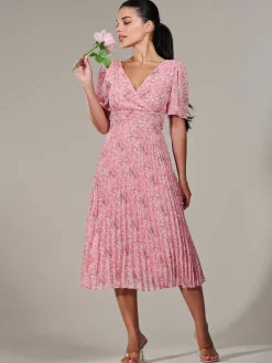 Jolie Moi Occasion Dresses|Summer Dresses-Petite Chiffon Pleated Midaxi Dress, Pink Floral