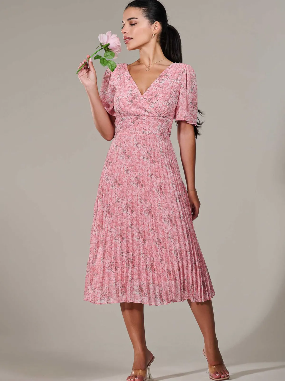 Jolie Moi Occasion Dresses|Summer Dresses-Petite Chiffon Pleated Midaxi Dress, Pink Floral
