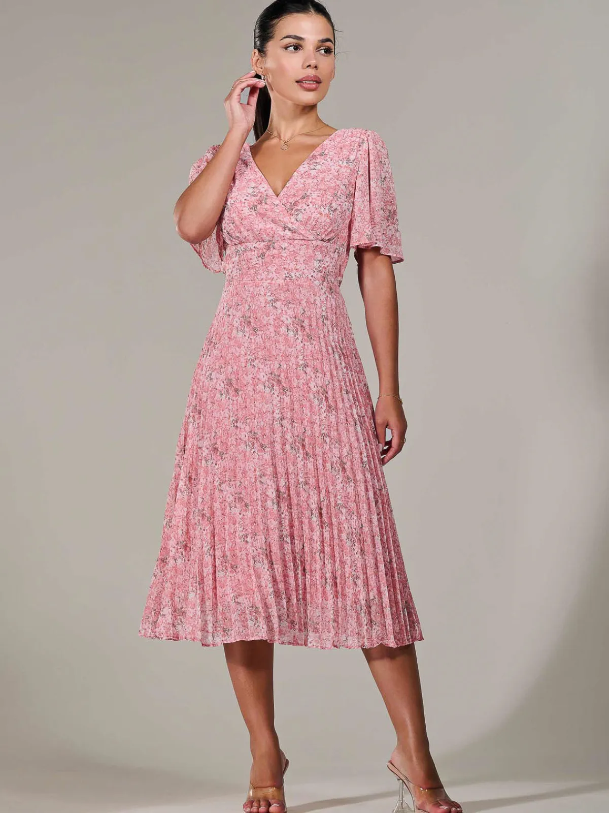 Jolie Moi Occasion Dresses|Summer Dresses-Petite Chiffon Pleated Midaxi Dress, Pink Floral