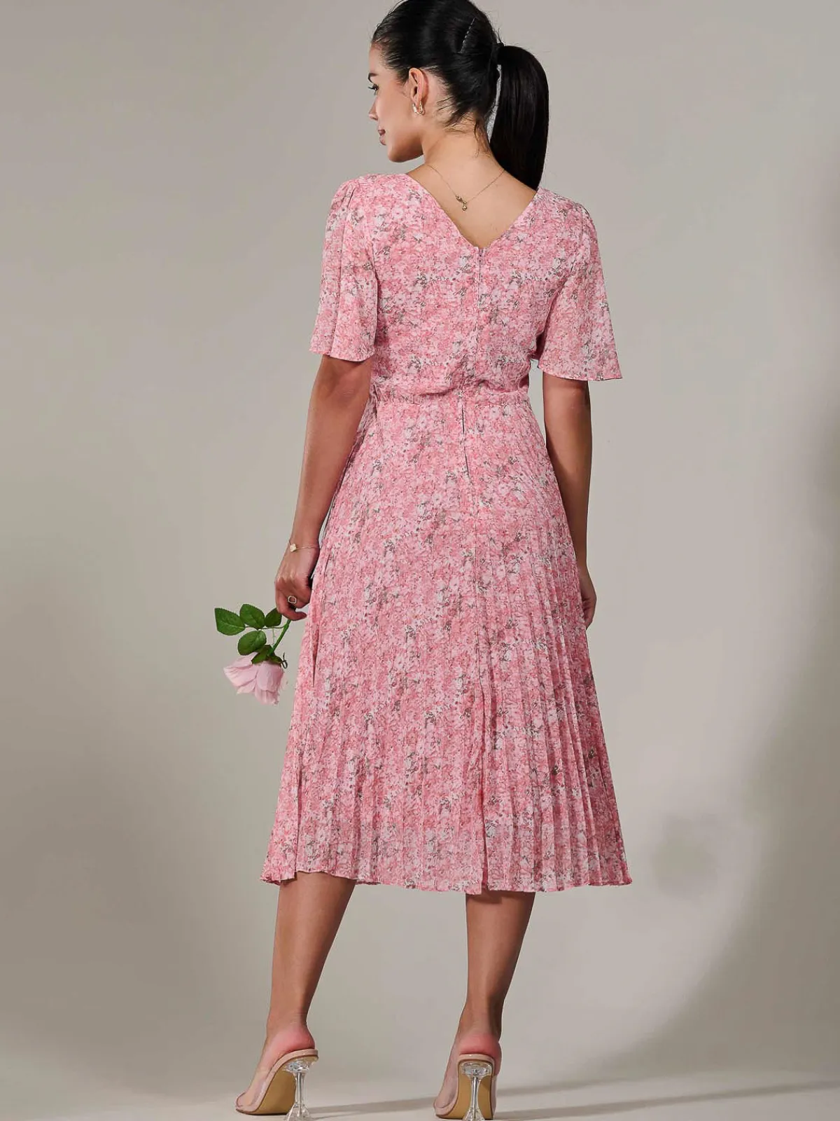 Jolie Moi Occasion Dresses|Summer Dresses-Petite Chiffon Pleated Midaxi Dress, Pink Floral